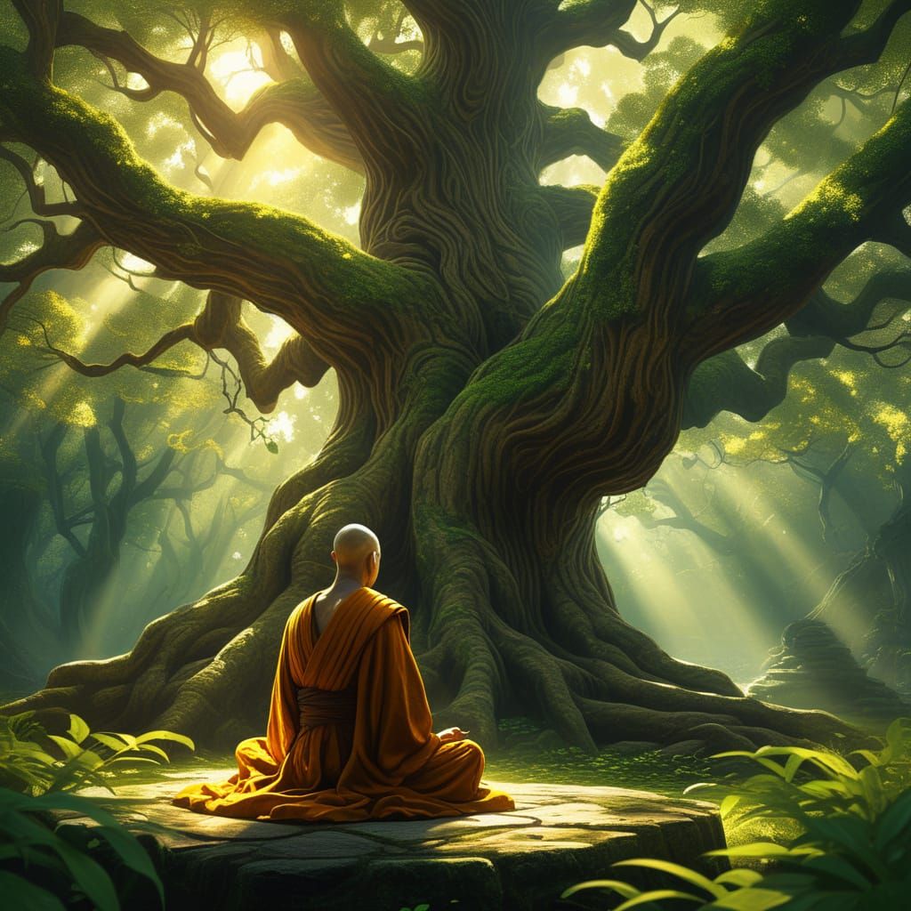 An ancient monk meditating deeply beneath a gigantic, ancient tree  by @rubensee