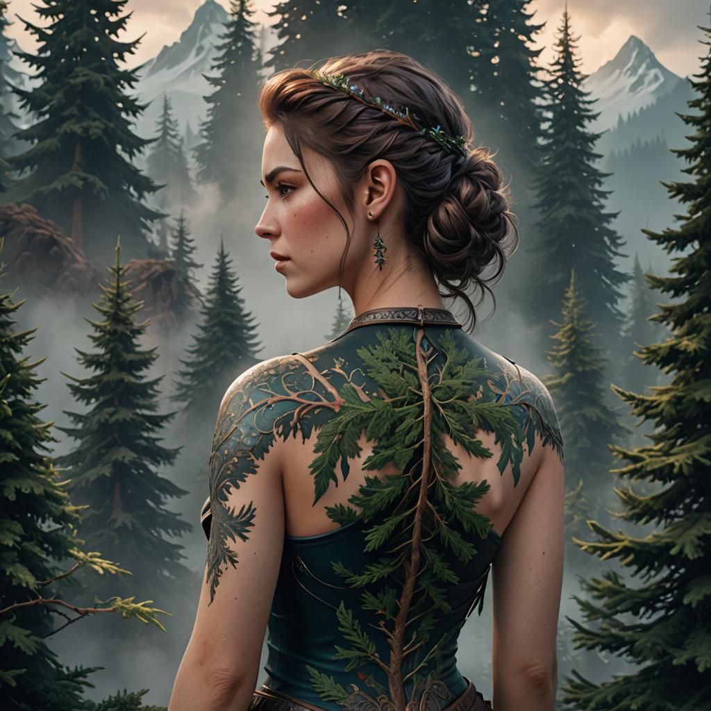 a woman with a subtle fir tattoo detailed matte painting, de...