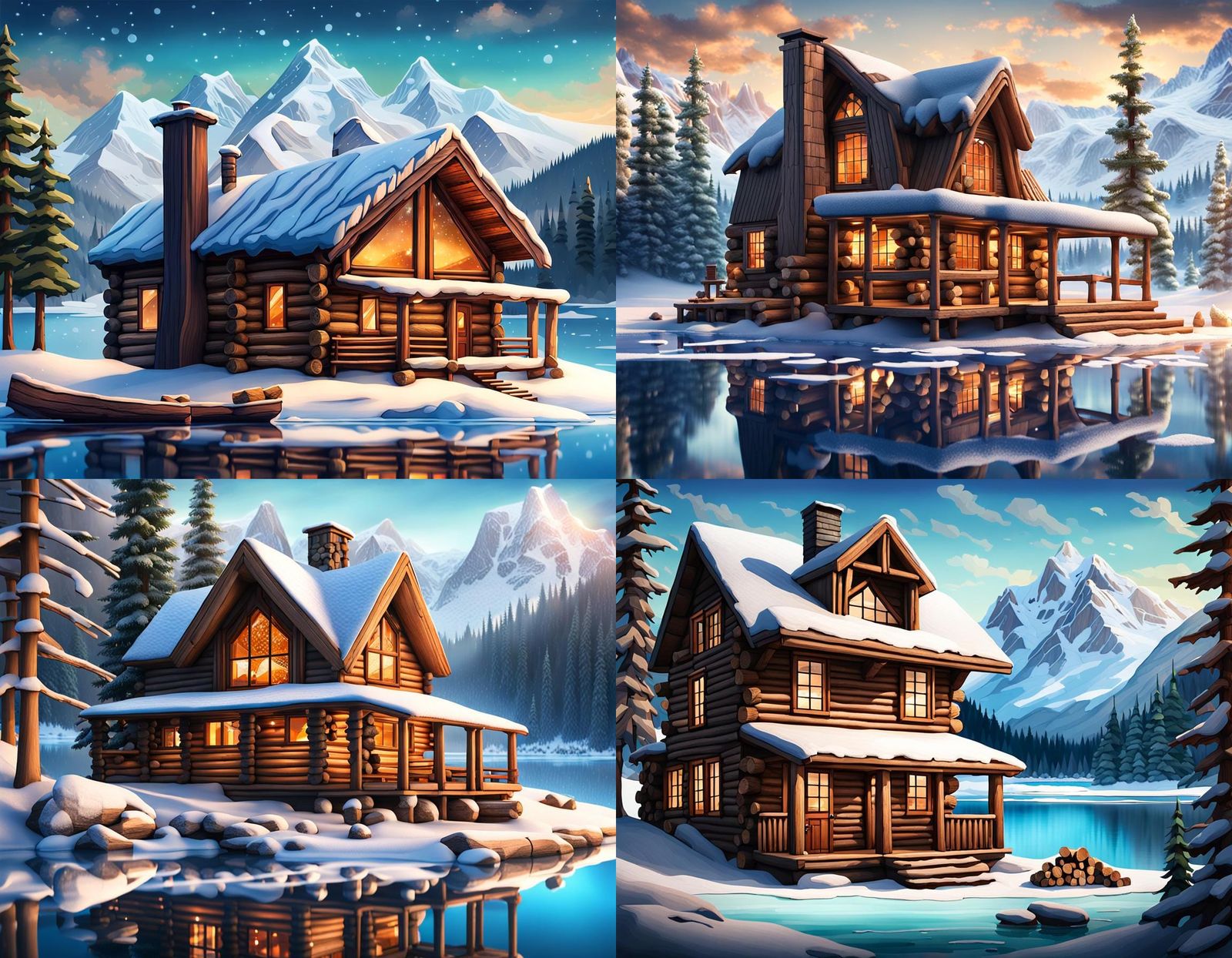 Snowy mountain besides wooden cabin house