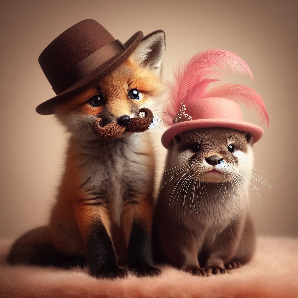 Fox wearing a mustache and otter wearing a hat