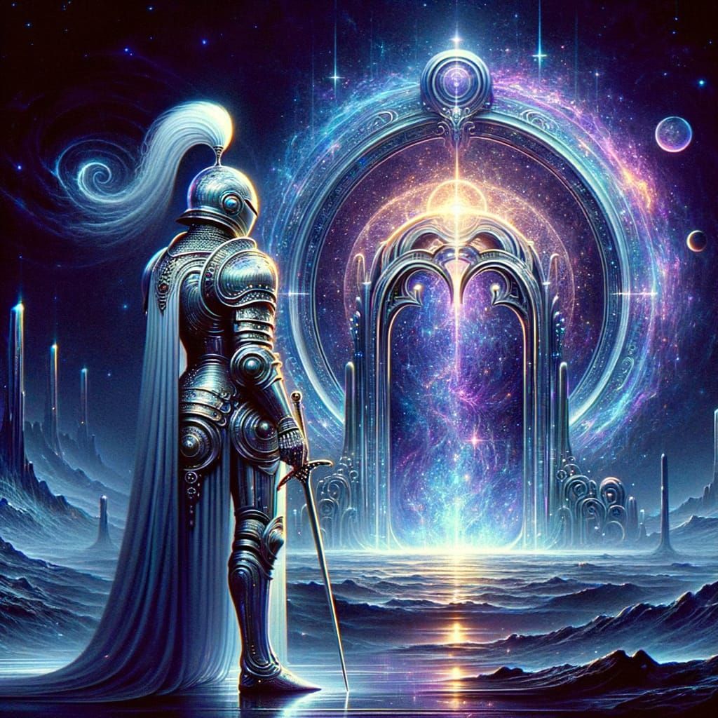 A regal knight, clad in shimmering, celestial armor, stands guard before a portal to another dimension. The portal crackles with cosmic ener...