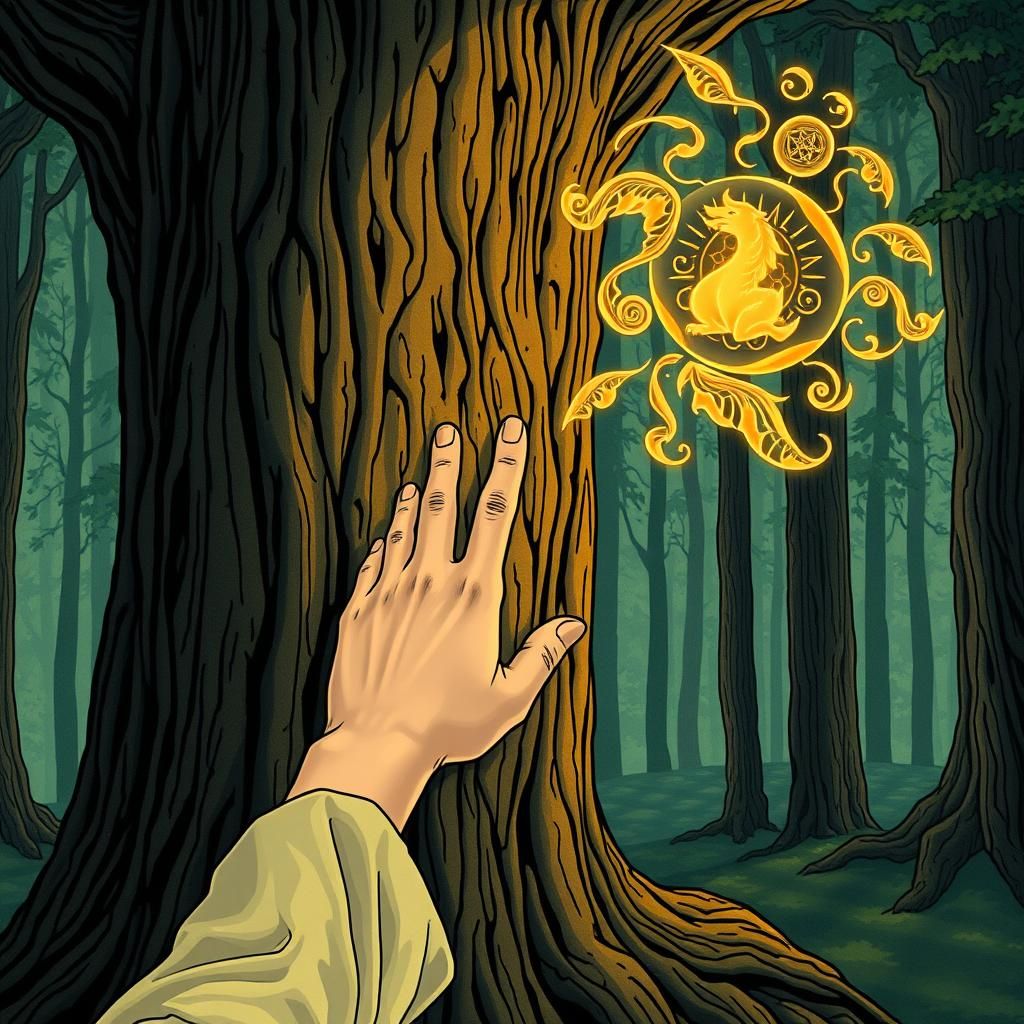 A person knocking on an ancient wooden tree in a magical for...
