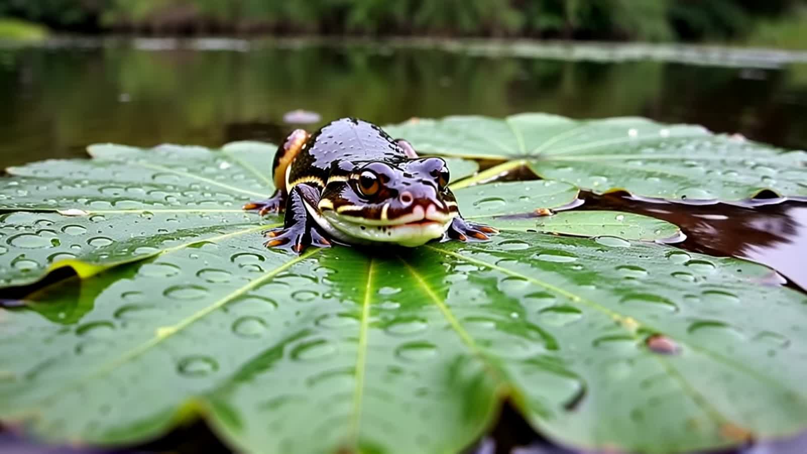 a toad( mouth opening in a surprise expression) sitting on a lily pad, jumping from a lilypad being surprised by a surfa...