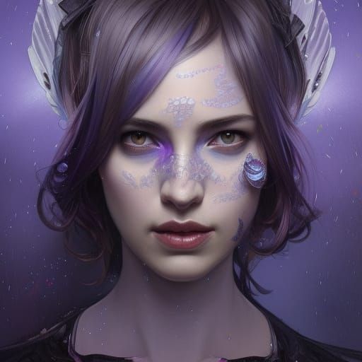 woman sitting blue wings with scales black hair and purple e...