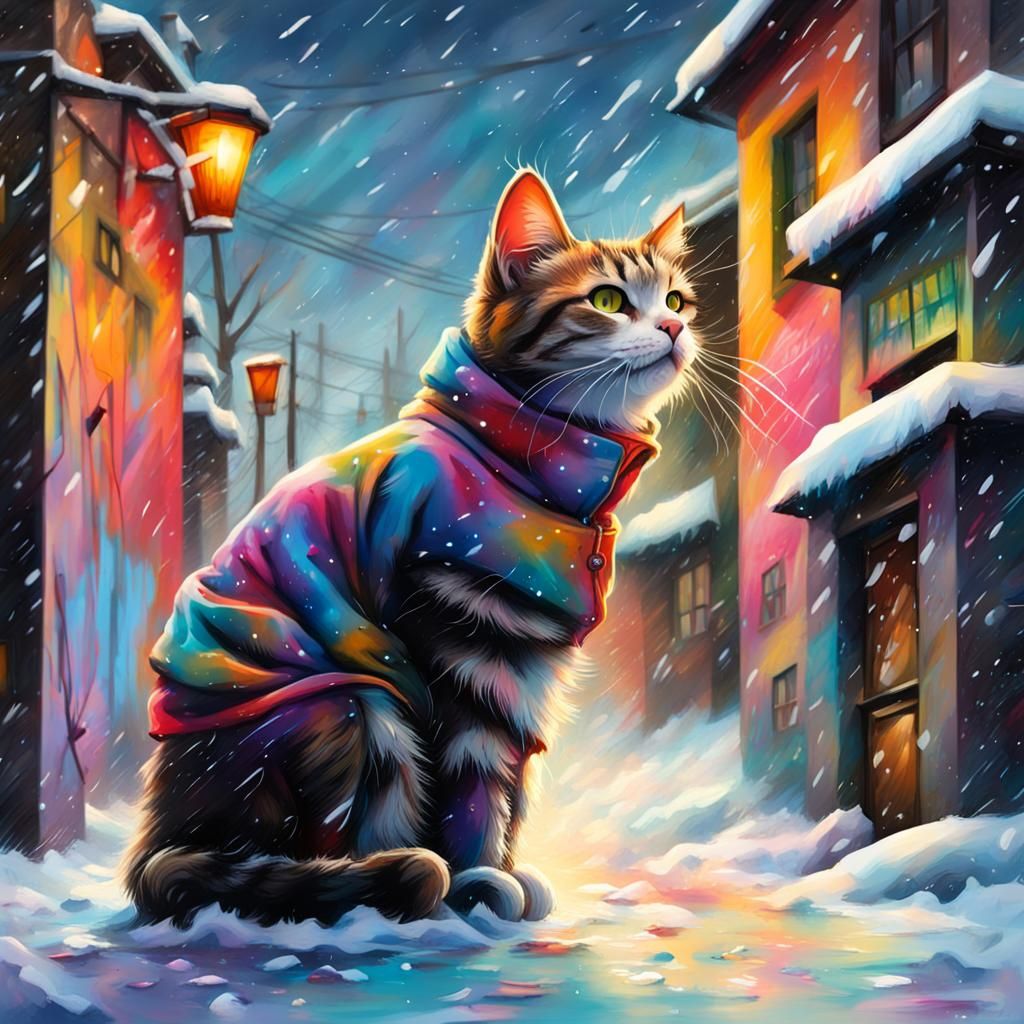 winter village, snowy weather , a cat, graffiti art, splash art, street art, spray paint, oil gouache ...  by @Emanu1