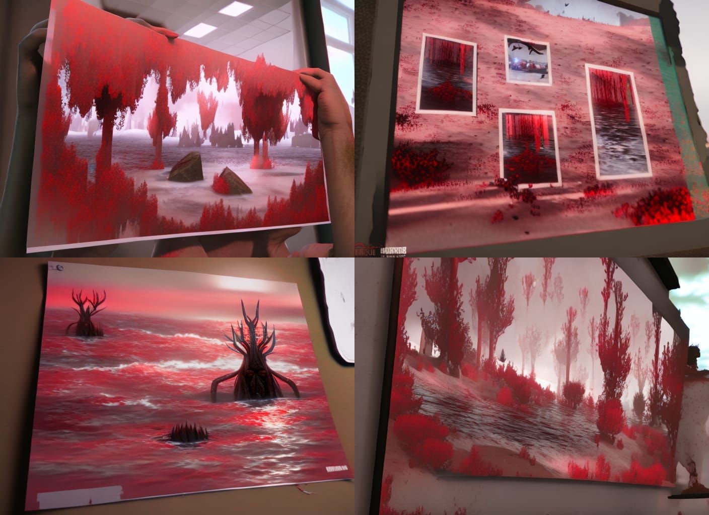 A wendigo is seen in different perspectives on many mirrors floating in the scene, with a bloody red Sea, a maroon horizon. Thick fog only...