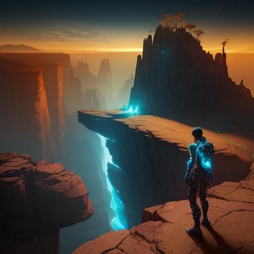 Futuristic Adventurer and Serpent in Sci-Fi Landscape