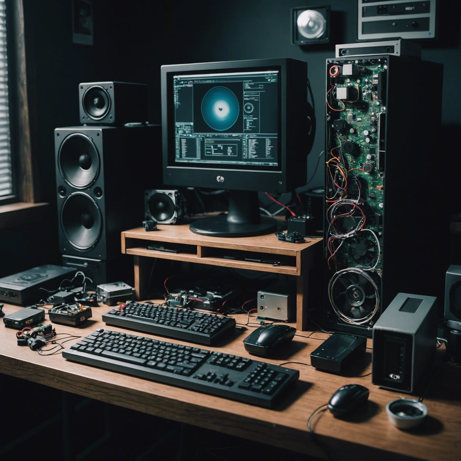 Personal desktop computer disassembled and under repair. - AI Generated ...