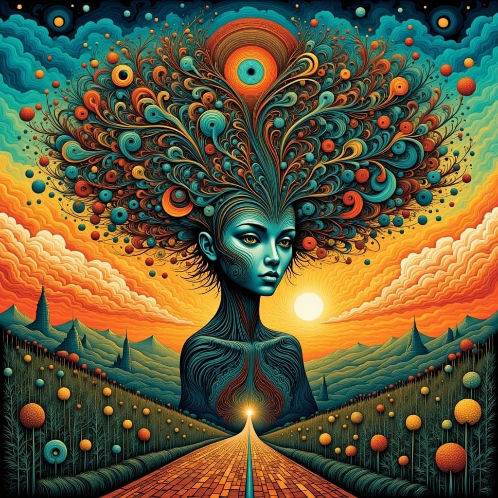 <lora:Deco-Detail:1.0> savannah Sunset Roads around woman with swirling Hair made from roads, ultrafine detailed roads make a swirling head...