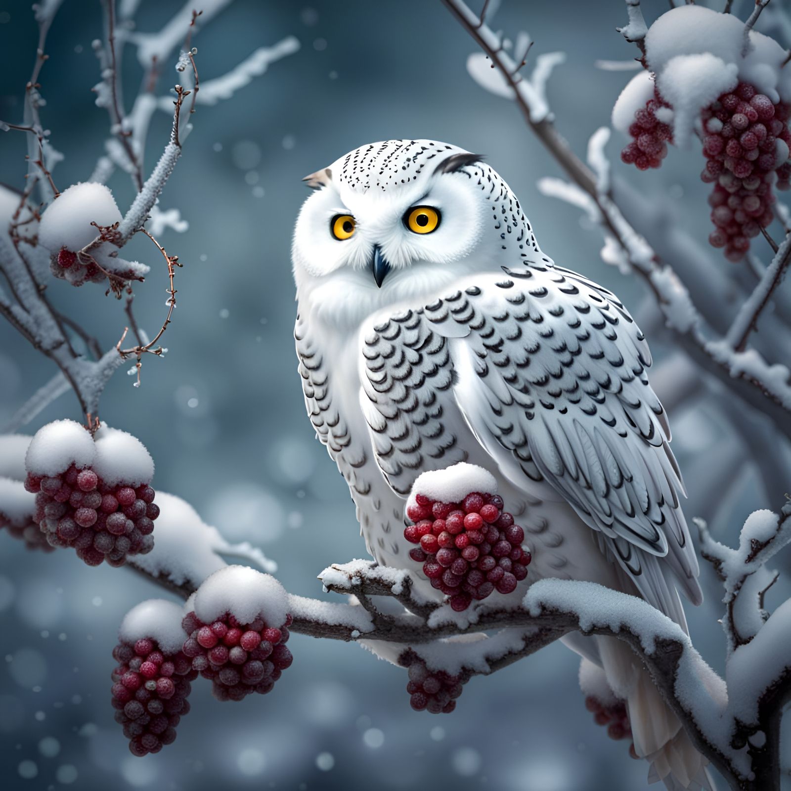 a bird portrait of an Arctic owl on a snowy berry branch  by @Patsy 