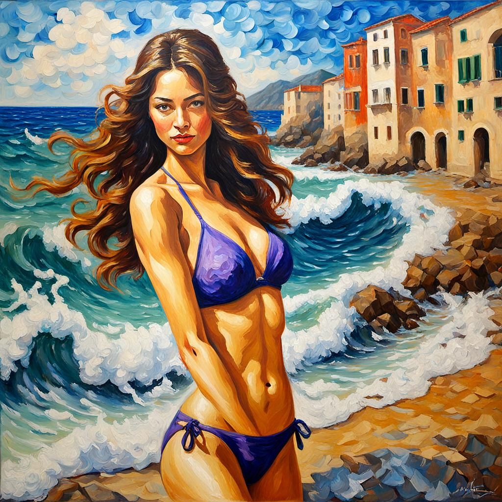 Bikini Model in Waves: Venetian Impasto Oil Painting