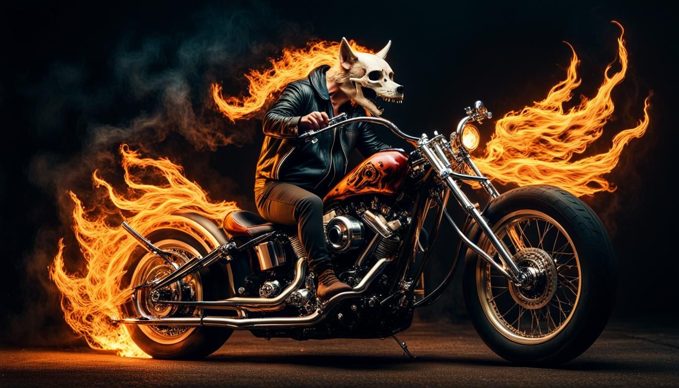 A motorcyclist with a flaming wolf skull rides through the n...