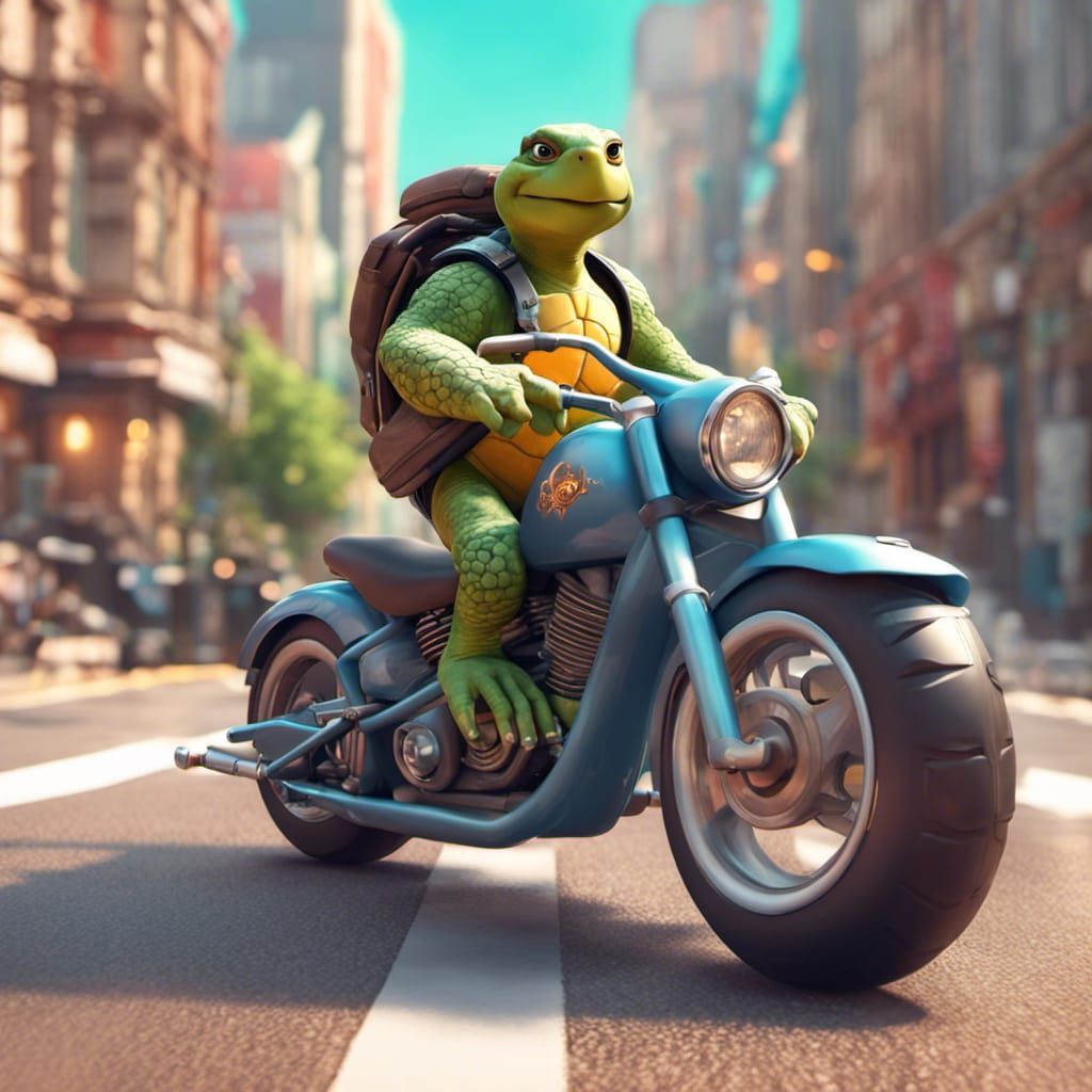 turtle riding a motorcycle in the city