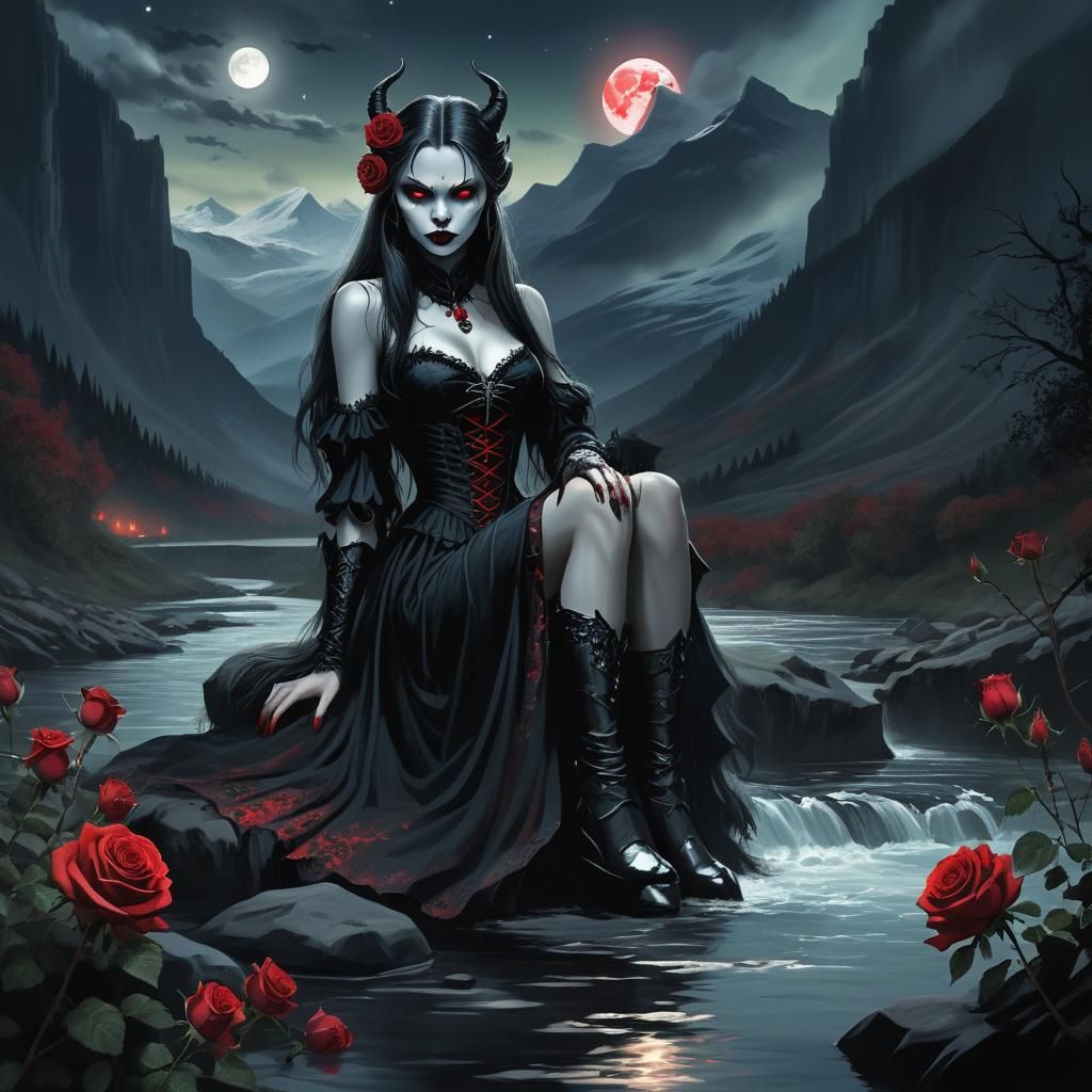 "A valley filled with blood-red roses and shades of dark bla...