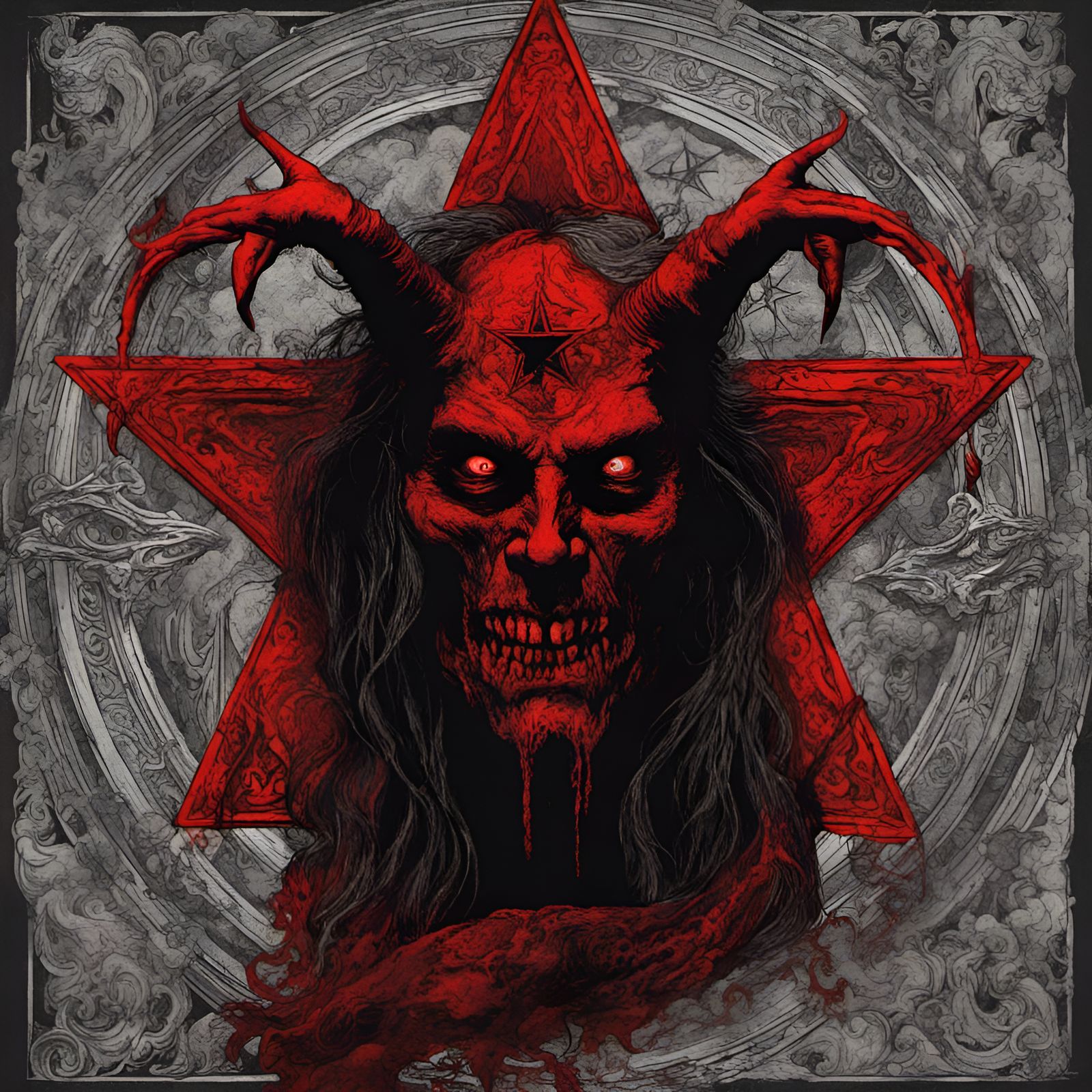 Horror,Scary,Demon Face in Hell,pentagram,cross, mystic red fog