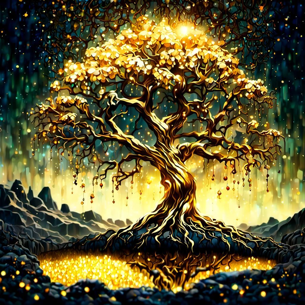 Glittering Golden Tree: A Surreal Impressionist Dream