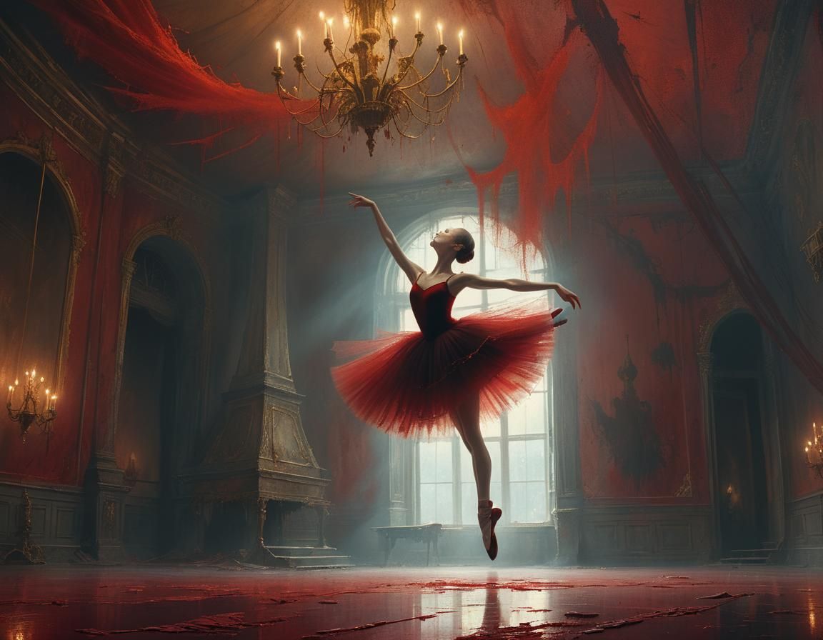 Dark Red Ballerina in a Haunting, Mystical Ballroom