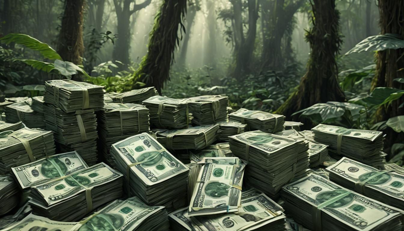trees made of money, tropical jungle made out of money, lush...