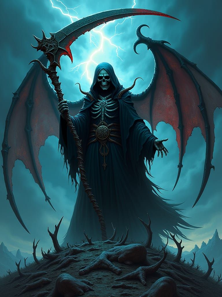Creepy the reaper with skull face with Big magic scythe with demon wings in skeleton Battlefield. Dramatic, heavenly light illuminates the...