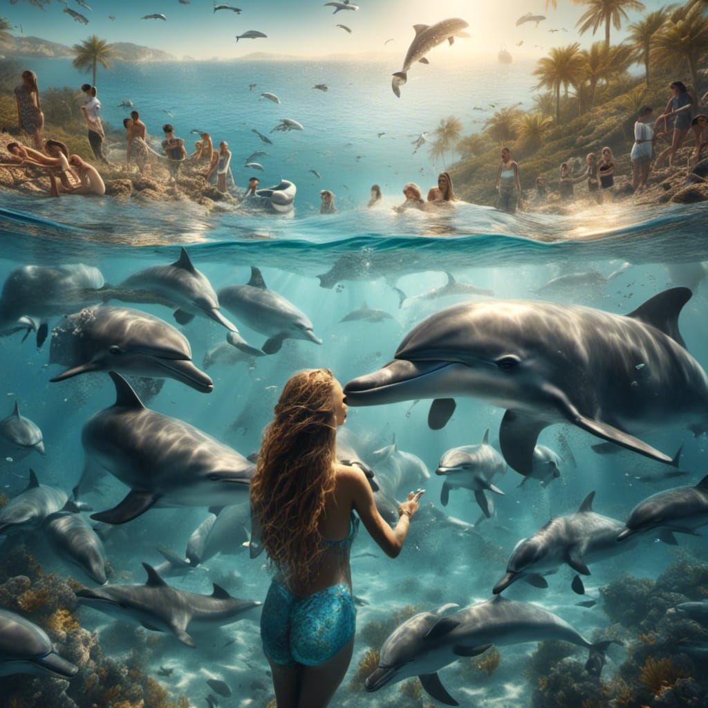Underwater Birth Watched by Dolphins: Hyperrealistic Image