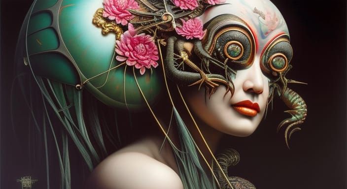 Macabre Asian Alien Portrait by Giger, Ryden Style