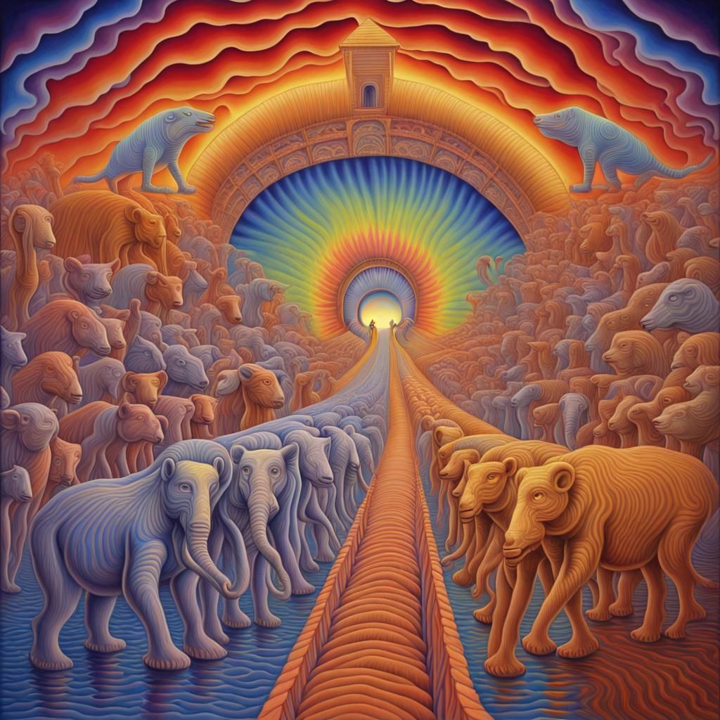 Psychedelic Art, Animals marching onto the Ark, style of Ale...