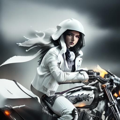 Dark <lora:Dark---Ghost Rider:1.0> fantasy elf wearing a (White leather jacket:1.5), rinding his Harly Davidson, shrouded in a veil of cosmi...