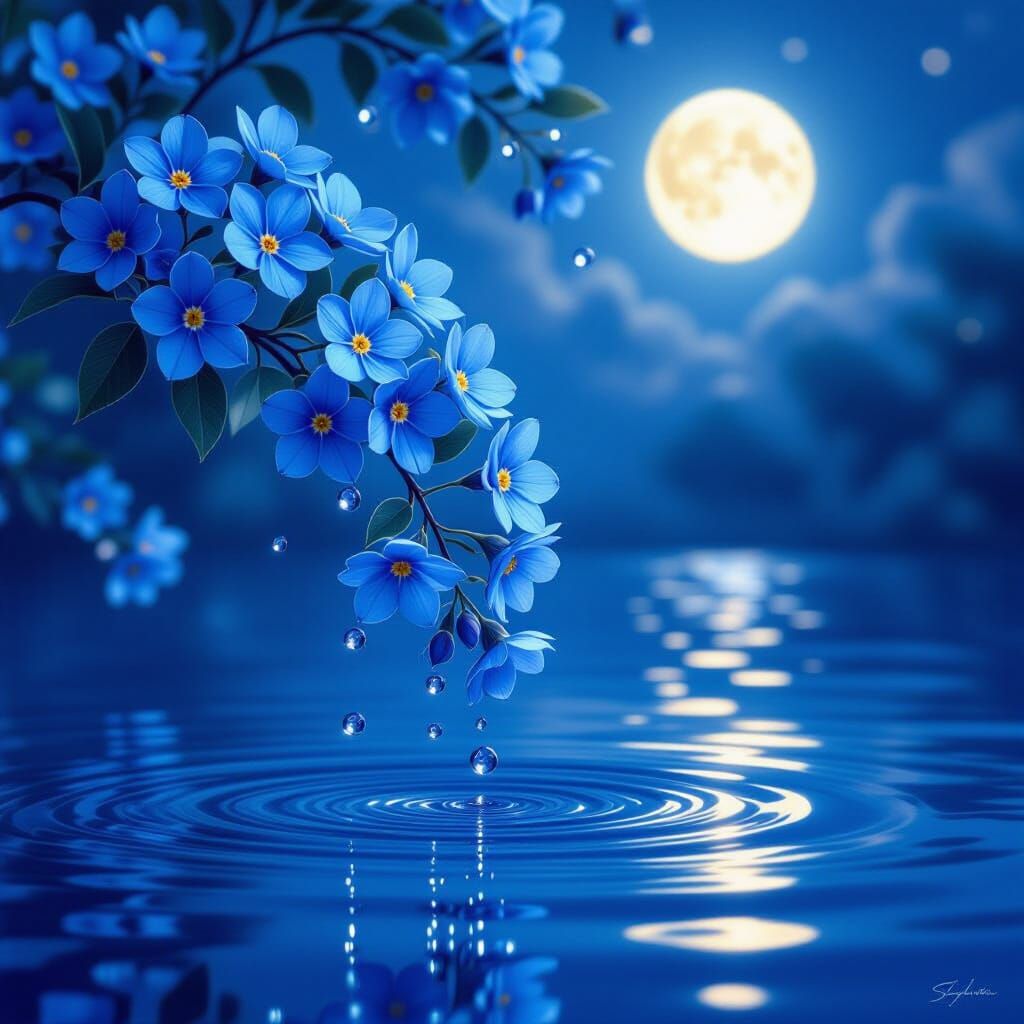 A breathtakingly serene and mystical photorealistic digital painting of radiant blue forget-me-not flowers ...  by @Noe