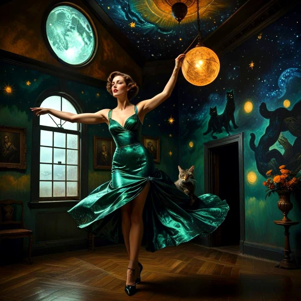 Surreal 1920s Lady Portrait in Midnight Landscape