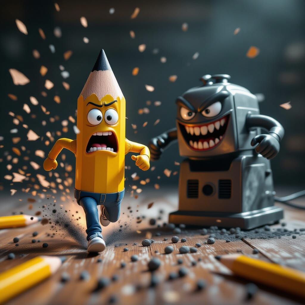 Yellow pencil character with angry terrified face runs in panic across wooden desk, pencil shavings exploding behind. Ev...