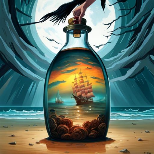 Hyperdetailed  Pirate Ship inside a rum bottle in a storm in...