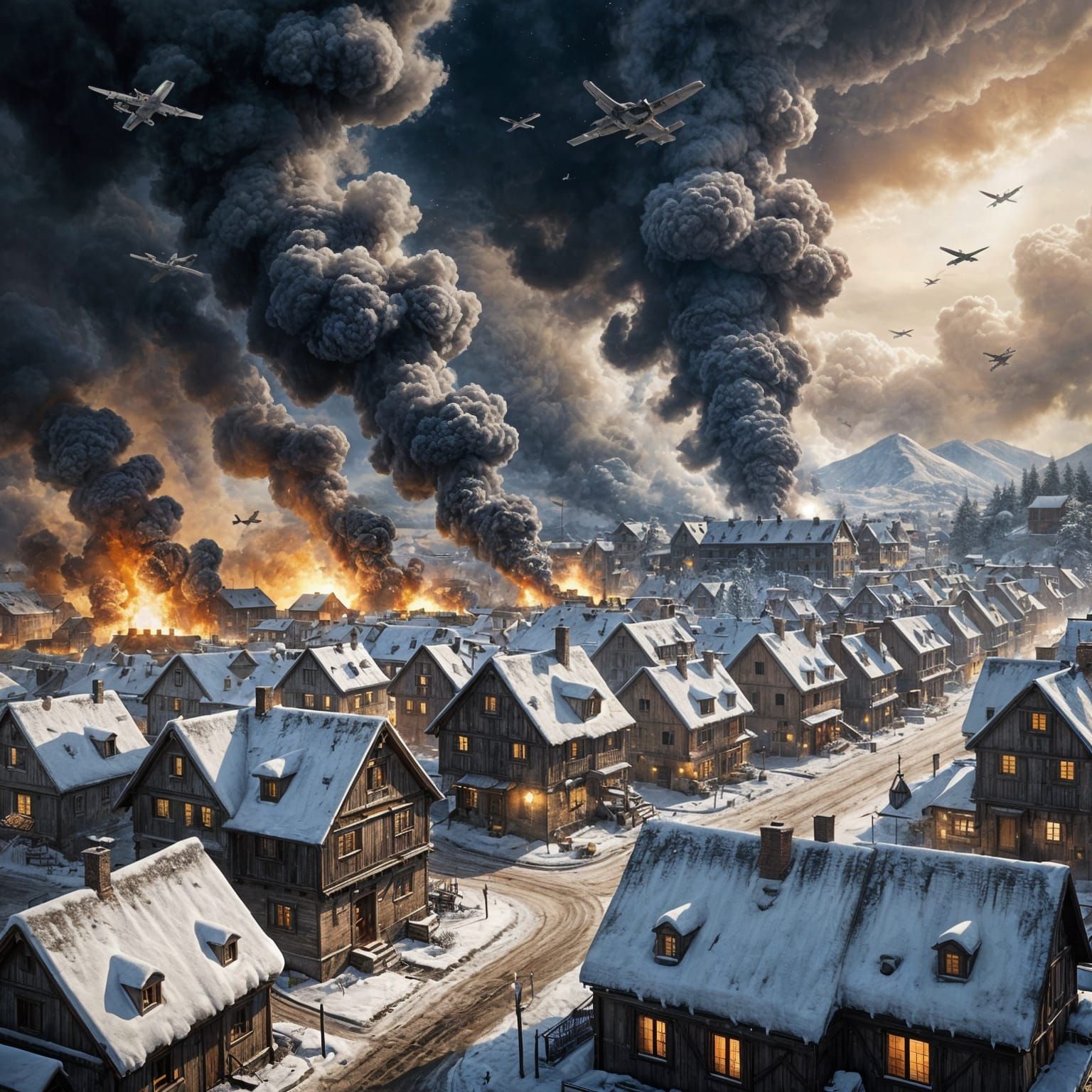 Snowy Village Under Attack in WWII Watercolor