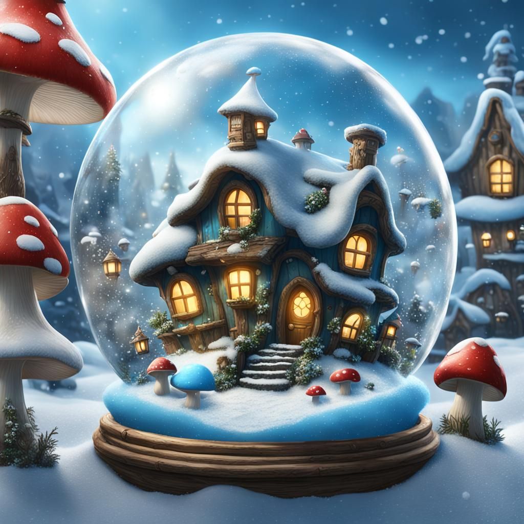 Make a snow globe with a village of mushroom houses with fairies in flight and smurf’s  frolicking around ...  by @undefined