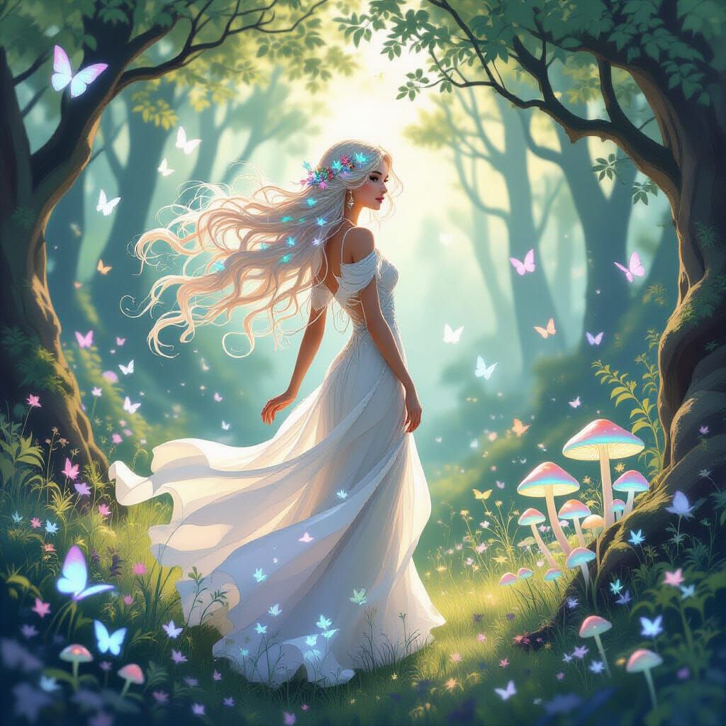Art Nouveau Woman in Enchanted Forest Clearing