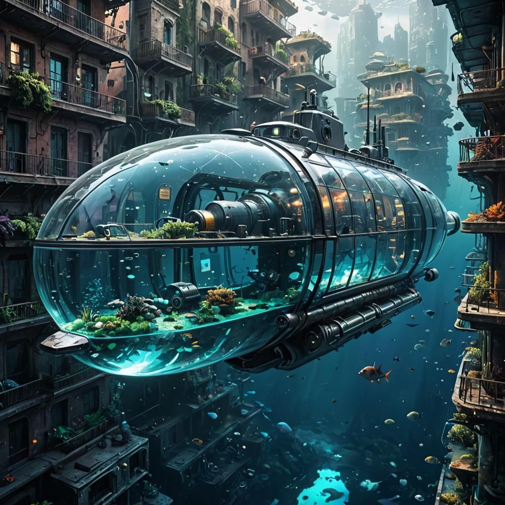 A futuristic submarine with a transparent hull, exploring the depths of a vibrant underwater city.  by @Cloned