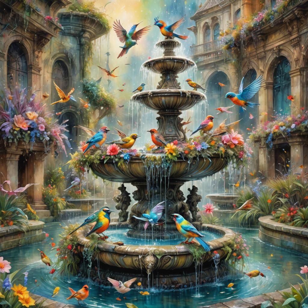 Whimsical colorful birds around fountain   by @Rosemary