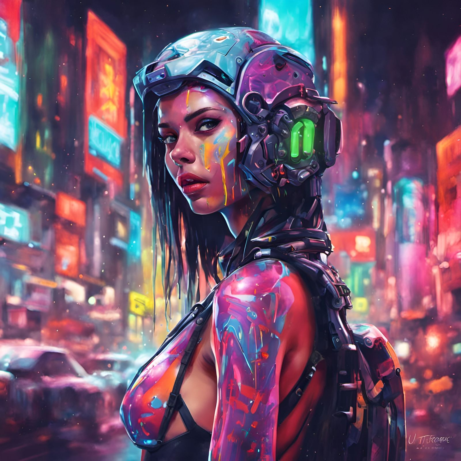 Portrait of a cyborg girl wearing futuristic bikini in a neon city at ...