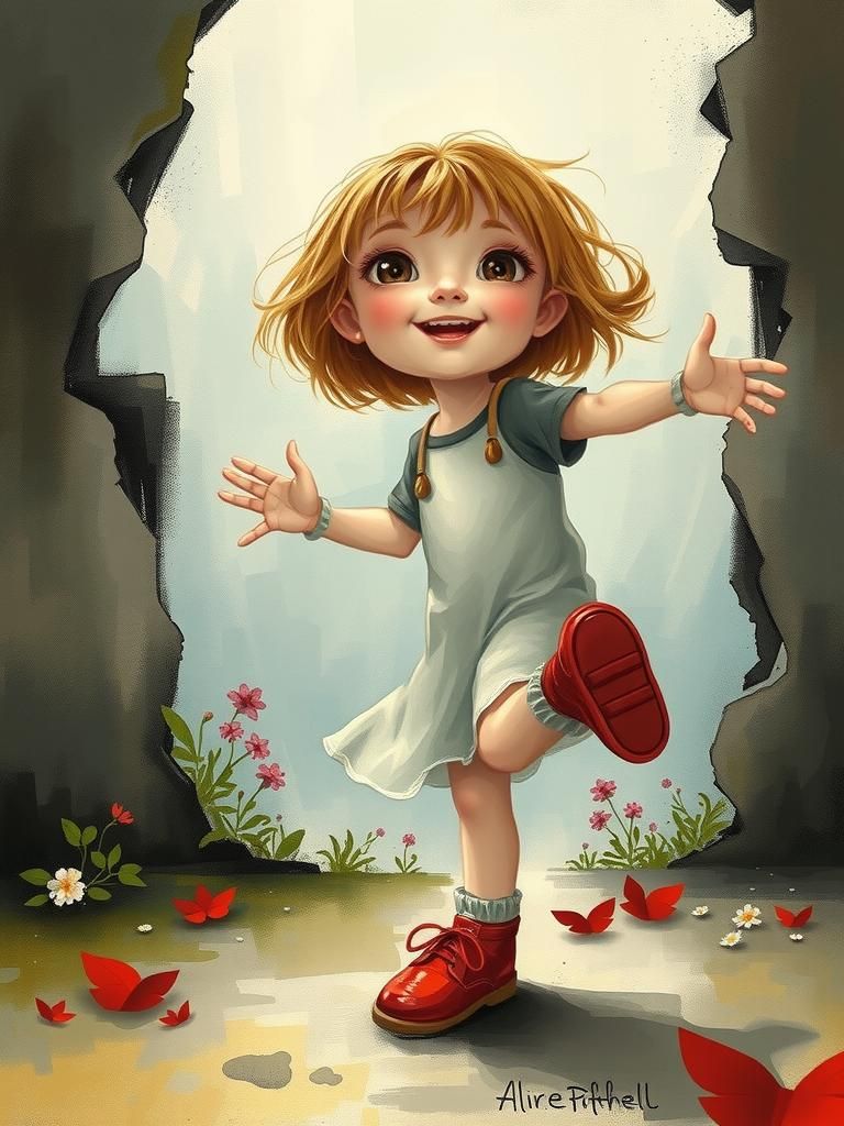 In a Carne Griffiths style, a child is happily playing hopping on one leg, wearing red shoes and has light brown hair
