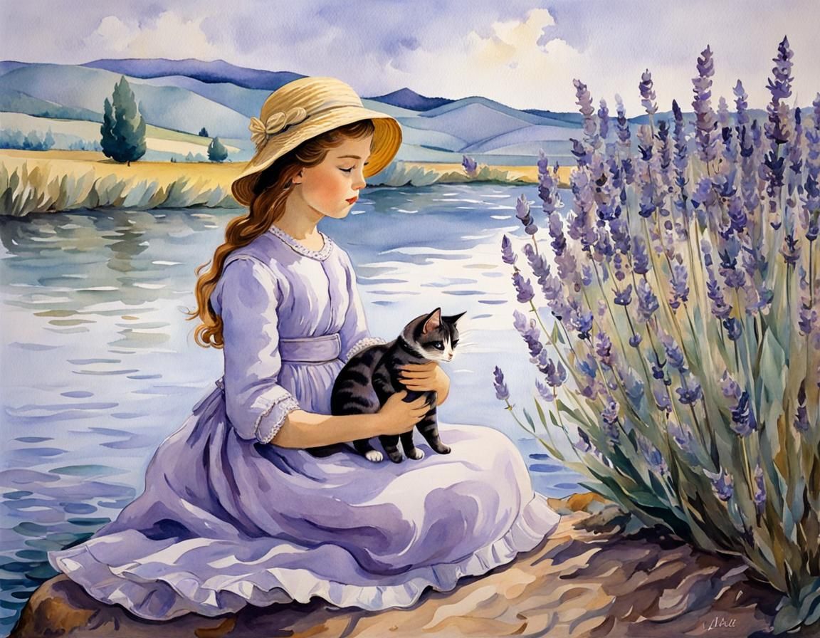A girl with lavender dress is sitting, holding a cat in her ...