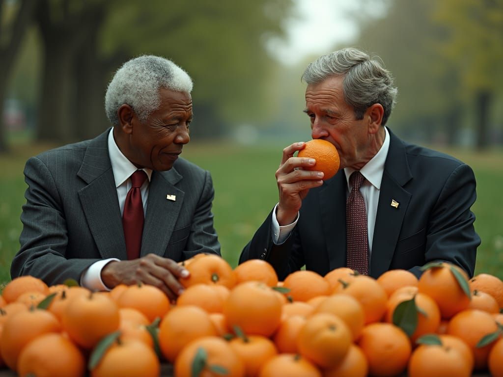 Mandela and Bush Eating tangerines 🍊 AI Generated Artwork NightCafe