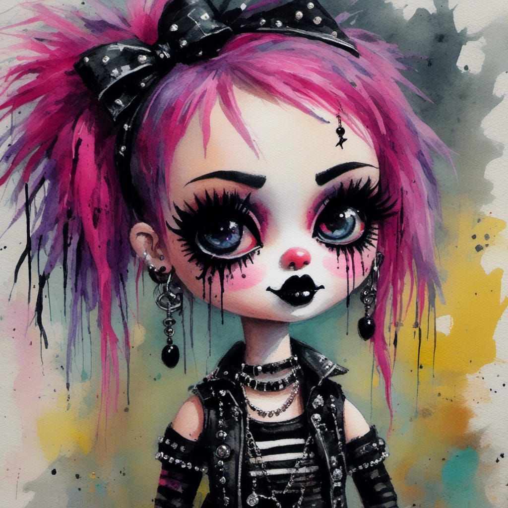  <lora:Doe eyed dolls:1.0> grunge punk doll acrylic oil watercolor 