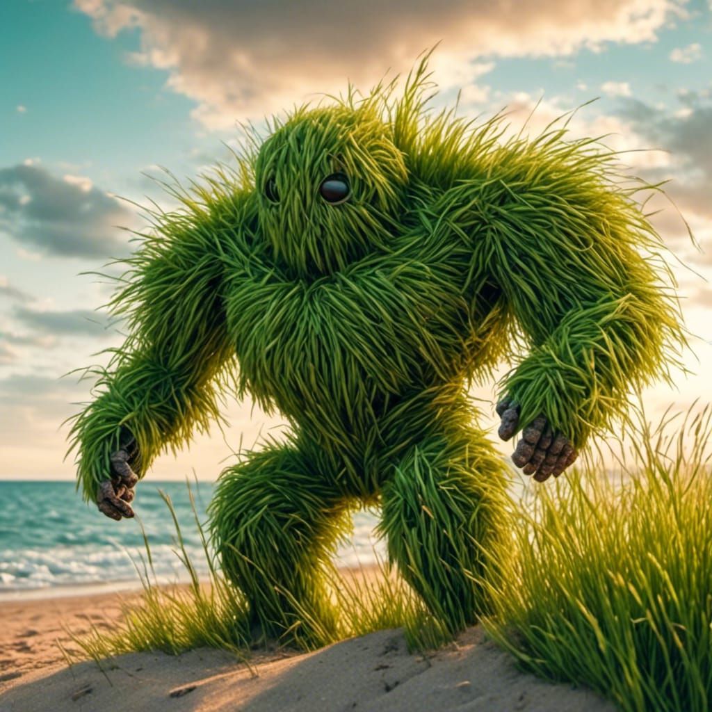 <lora:Grass:1.0> Grass hero , is buff grass muscles , flexing on a beach at sunset 