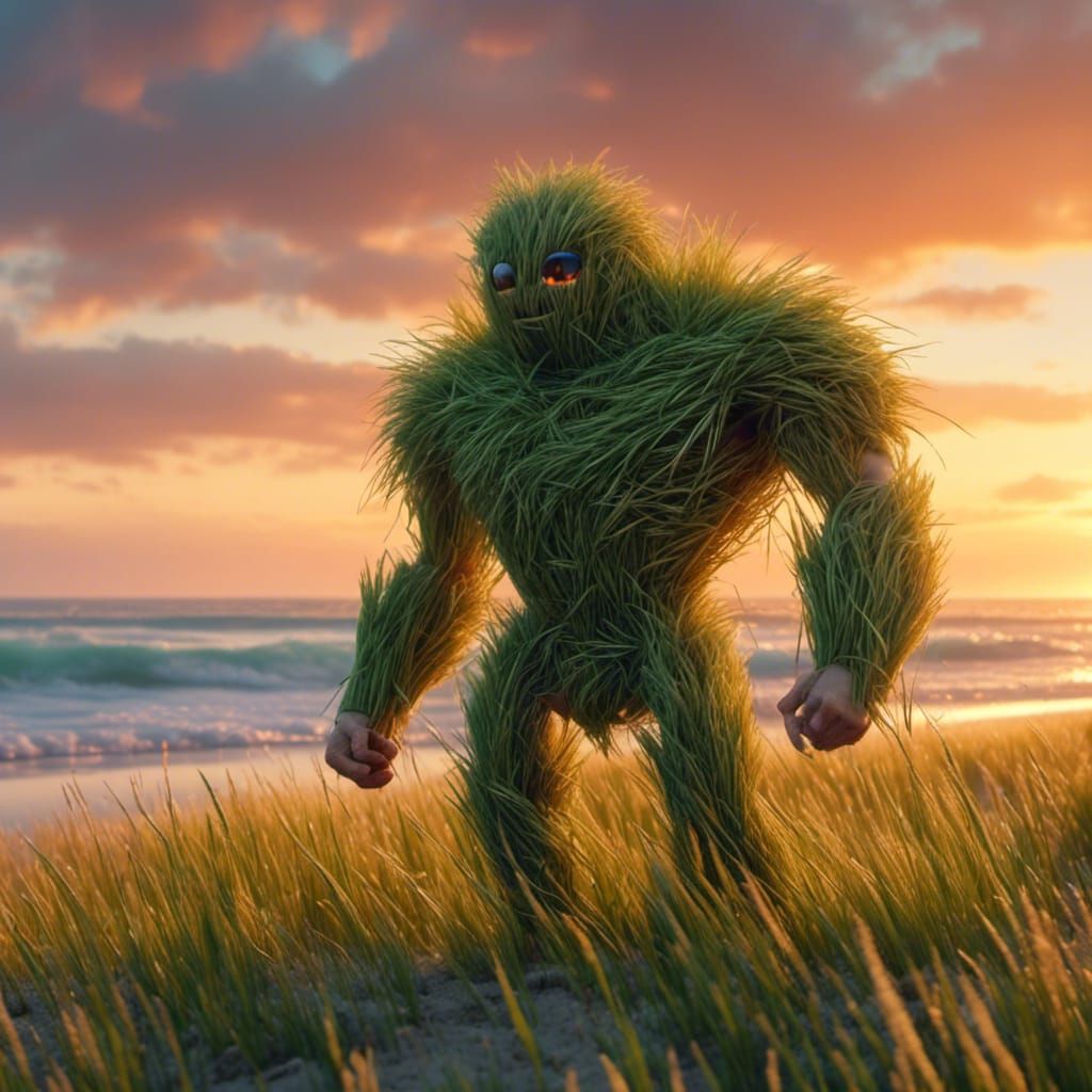 <lora:Grass:1.0> Grass hero , is buff grass muscles , flexing on a beach at sunset 