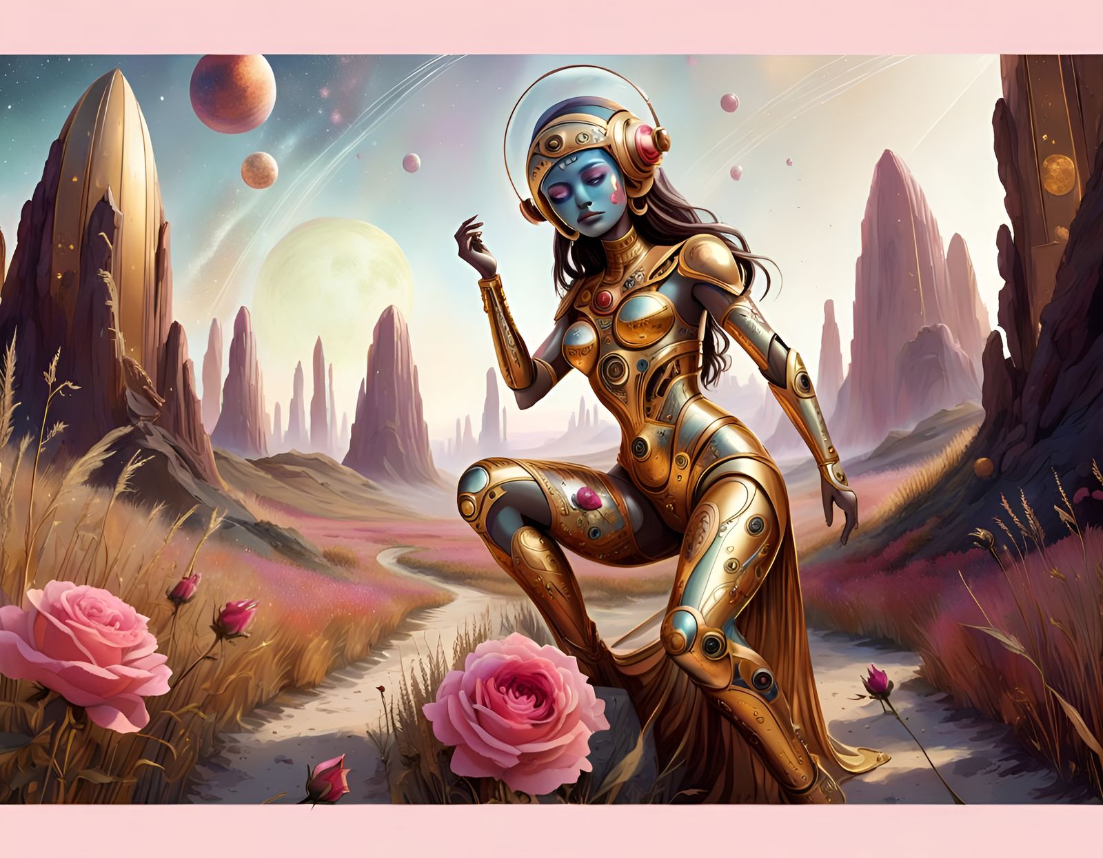 Robots with exotic, beautiful, painted face Cosmic Goddess i...