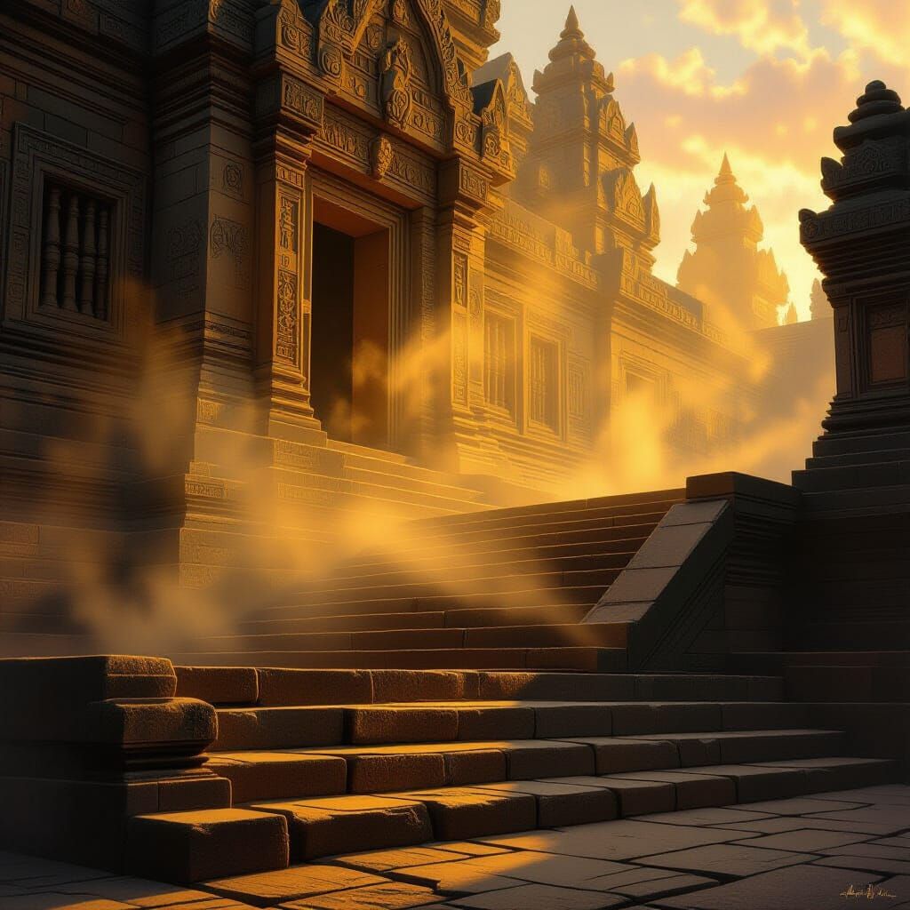 Ancient Stone Staircase to Temple Entrance in Golden Hour Li...