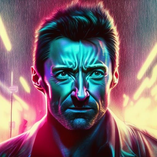 a Hugh Jackman standing in front of a neon city, cyberpunk a...