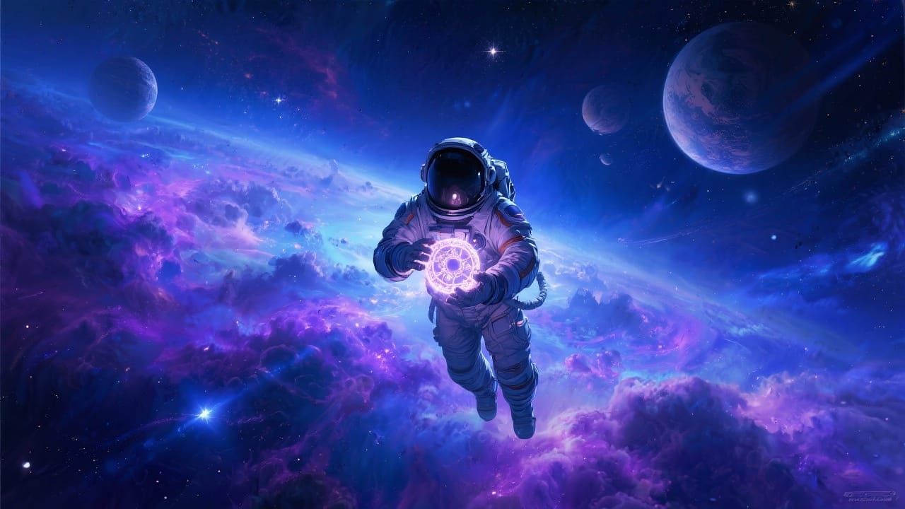 Astronaut Adrift in Vibrant Nebula with Glowing Artifact