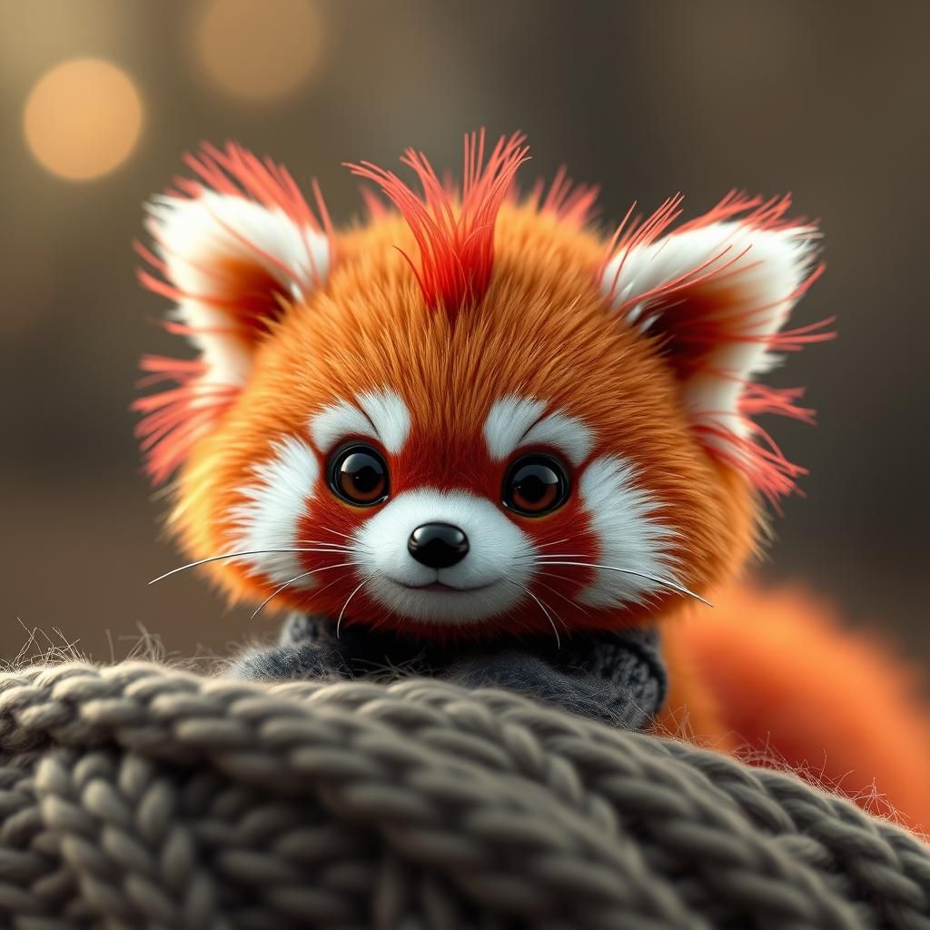 Cute and fluffy tiny red baby panda. knitted yarn. wool. fluffy feathers. Wool feathers. Big beautiful ...  by @Mr Classics