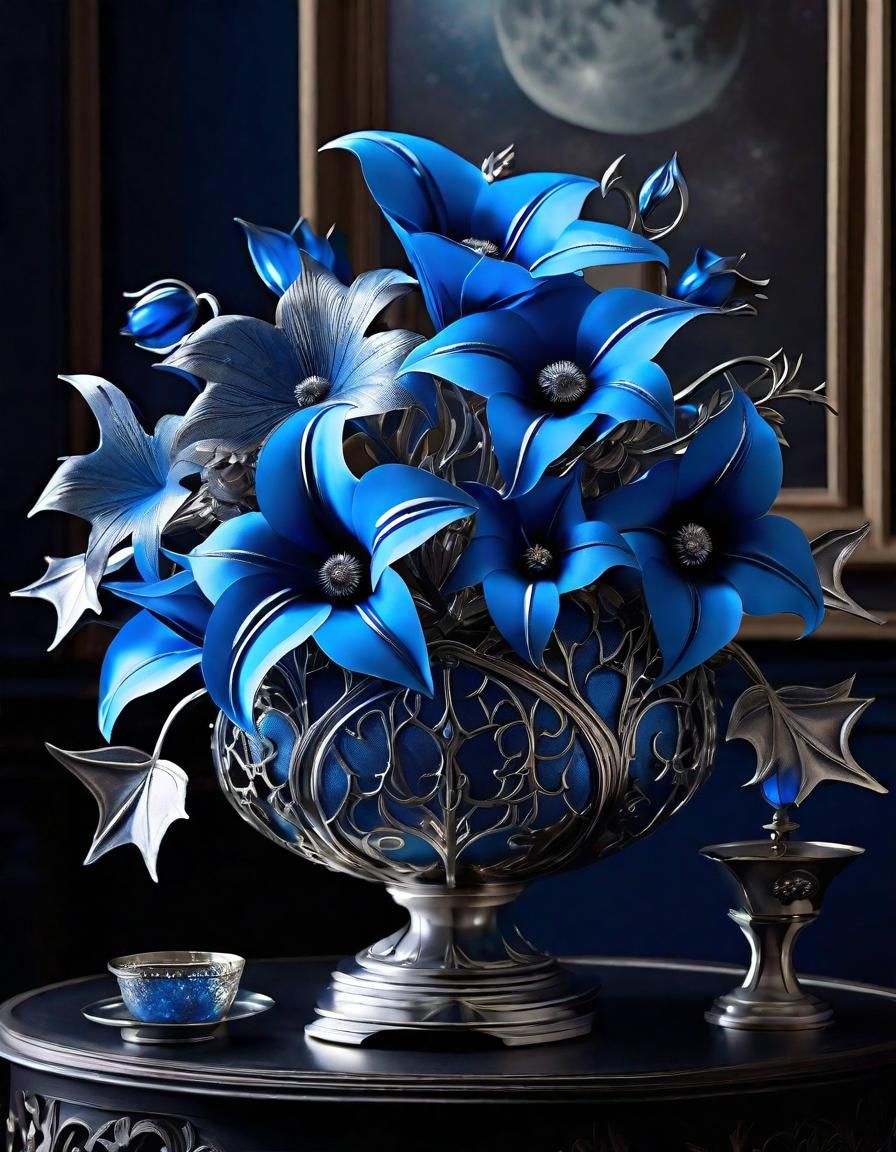 metal azure blue moonflowers 