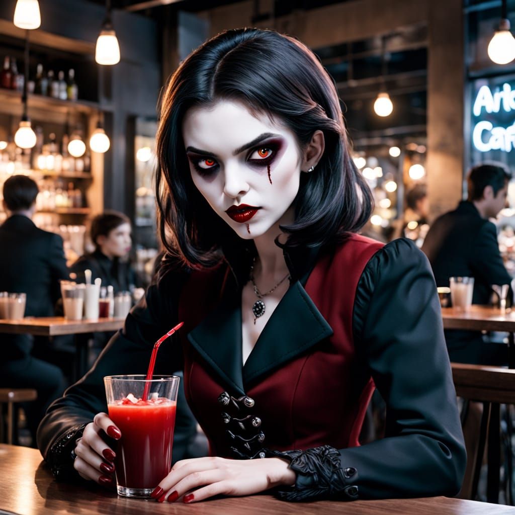 A stylish vampire sipping blood at a trendy café at night.  by @Suz